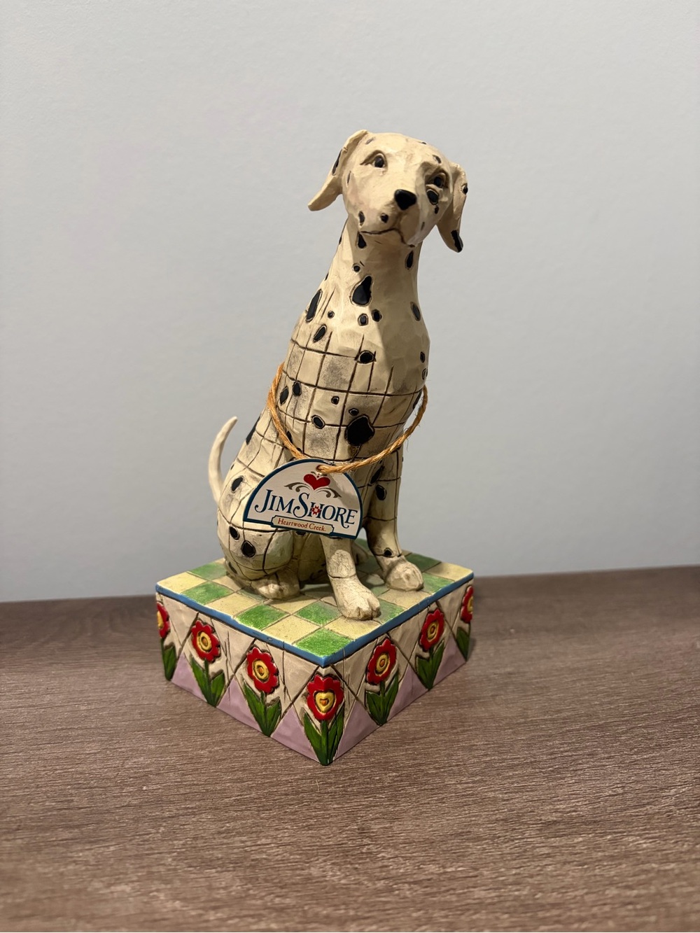 Jim Shore Cream and Black Dalmatian Figurine with Floral Checkered Base